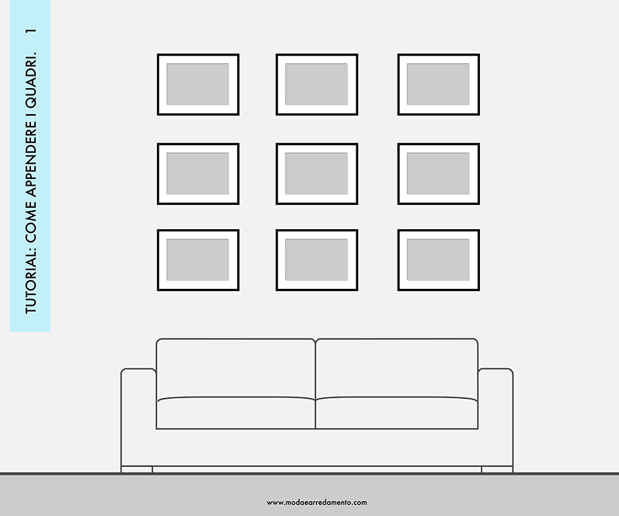 Decorare le pareti del soggiorno con foto e quadri: composizione 1 - idee da copiare.