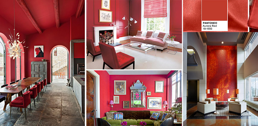 Esempi di sale da pranzo e soggiorno con parete dipinta di rosso vivo.